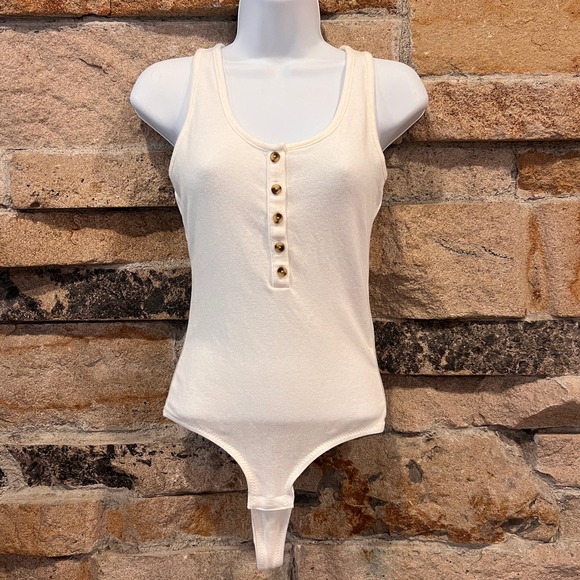 Madewell Indie Henley Neutral Cream Tank Top Thong Bodysuit Sz Small - Picture 1 of 8
